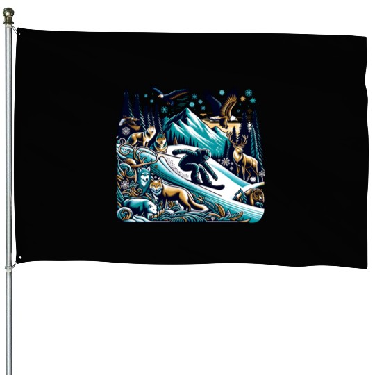 Epic Snowboarding Adventure Wildlife Scene House Flags