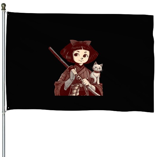 Chibi Samurai Warrior Cat Companion & Blossoms House Flags