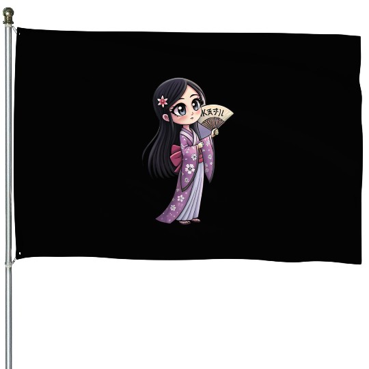 Cute Chibi Geisha Anime Inspired Kimono Design House Flags