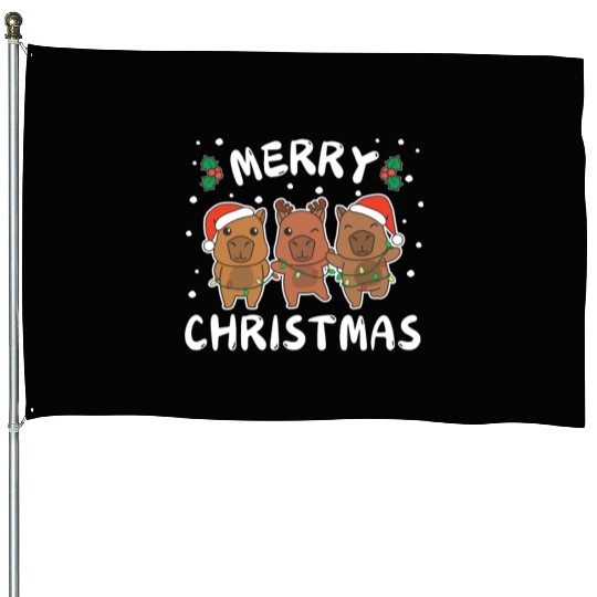 Merry Christmas Cute Capybara Festive Lights House Flags