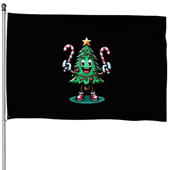 Happy Christmas Tree With Candy Canes Retro House Flags