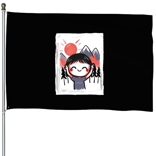 Funny Happy Kid in Nature House Flags