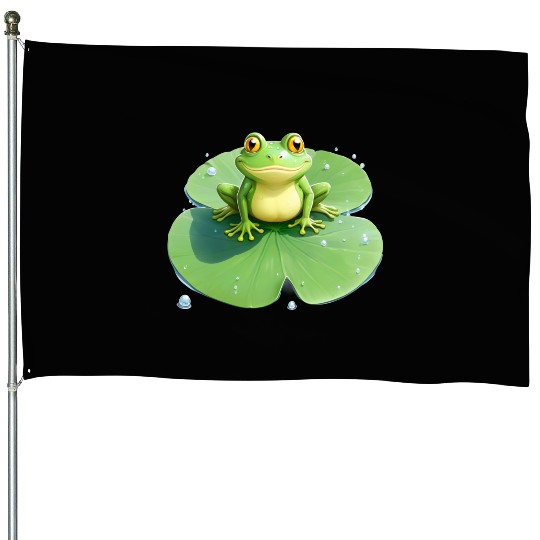 Cheerful Frog on Lily Pad House Flags