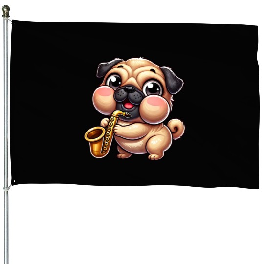 Cute Pug Saxophone Musician Cartoon Jazz House Flags