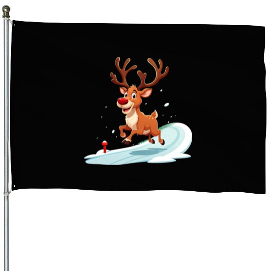 Joyful Reindeer Dashing to Santa's House House Flags