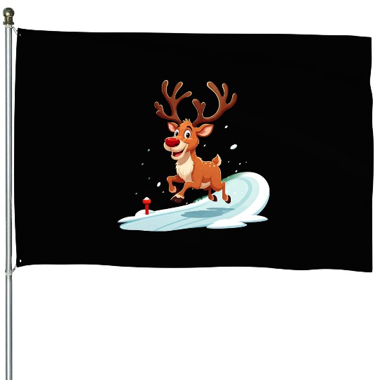 Joyful Reindeer Dashing to Santa's House House Flags