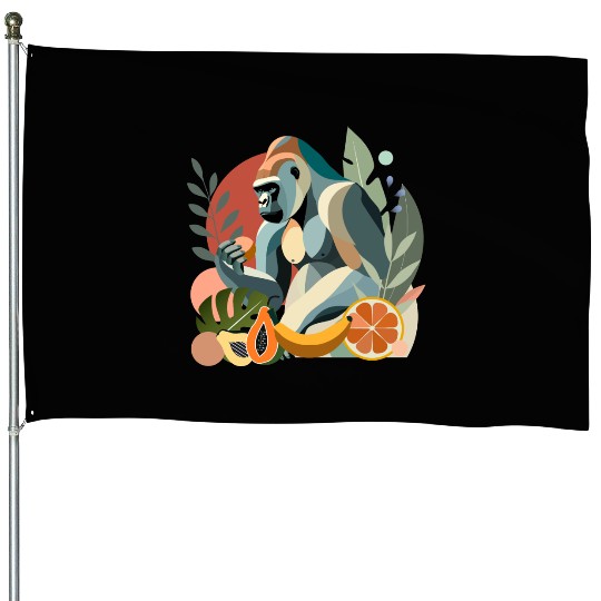 Proud gorilla with banana in tropical surroundings House Flags