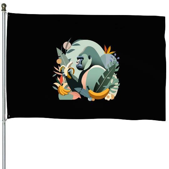 Proud gorilla with banana in tropical surroundings House Flags