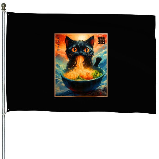 Cat Ramen Japanese Kawaii Cat Anime Funny Ramen Ca House Flags