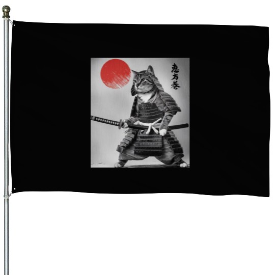Kawaii Japanese Samurai Cat Vintage Japanese Cat House Flags