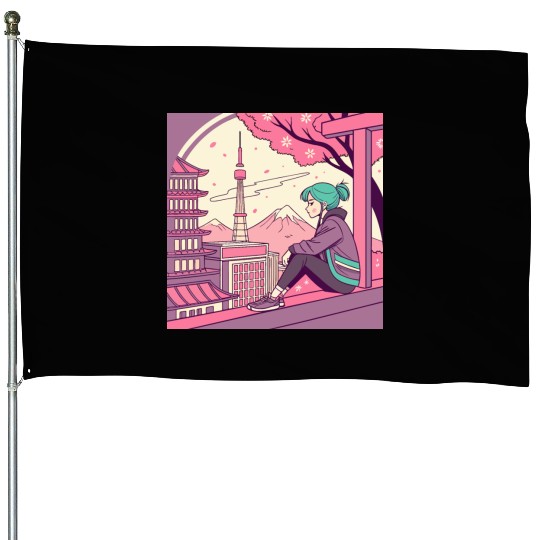 Blossom Breeze: Tokyo Girl Embracing a Tranquil House Flags
