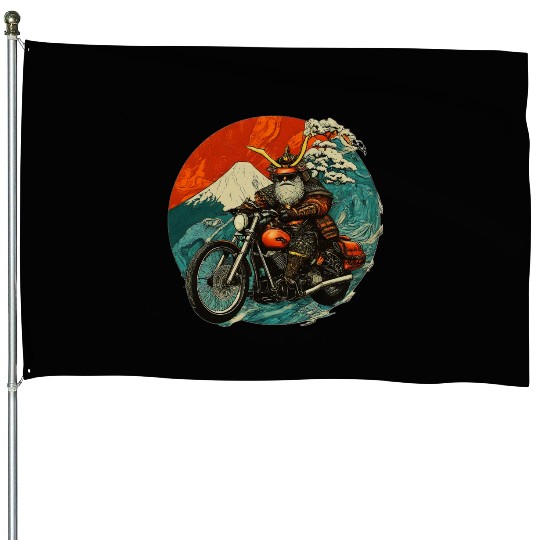 Samurai Riding Motorcycle Vintage Art, Unique House Flags