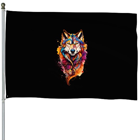 Colored wolf dog House Flags