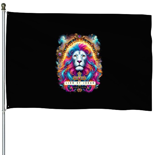 Vibrant Lion of Judah Art with Cross and Spiritual House Flags