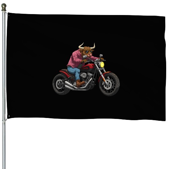 Bull Riding Motorcycle Illustration House Flags