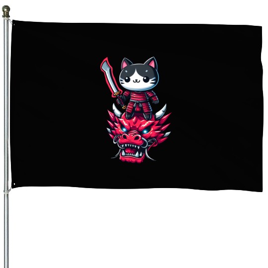Samurai Cat with Sword on Dragon in Epic 3D Effect House Flags