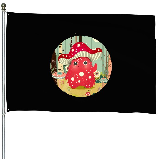 Funny mushroom monster in the colorful forest House Flags