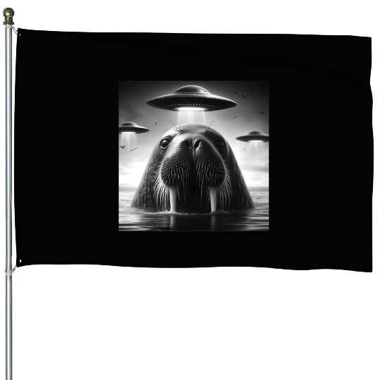 Walrus Sea lion Funny Graphic Selfie with UFOs Wei House Flags