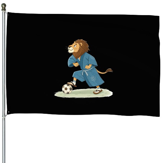 Lion playing soccer in karate kimono House Flags