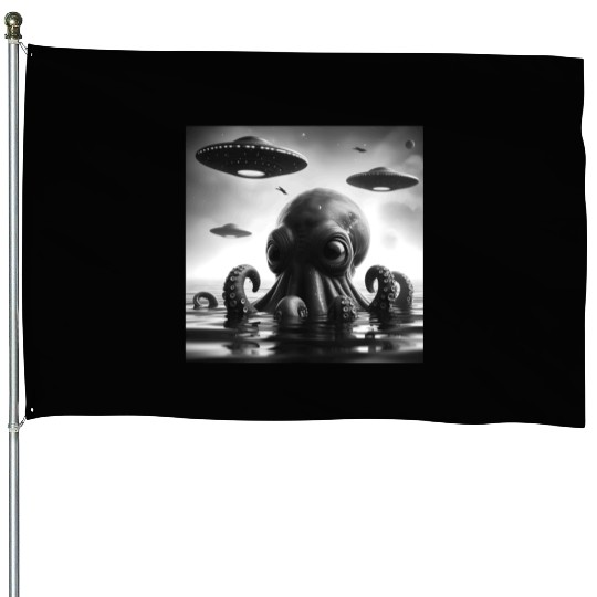 Octopus 2squid Funny Graphic Selfie with UFOs Weir House Flags