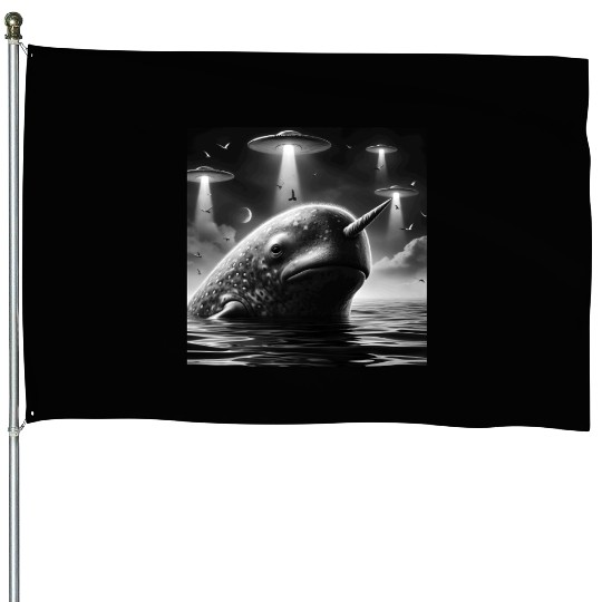 Narwhal Funny Graphic Selfie with UFOs Weird Alien House Flags