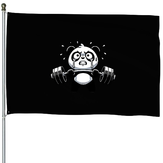 Cute Panda Barbell Workout Cartoon House Flags