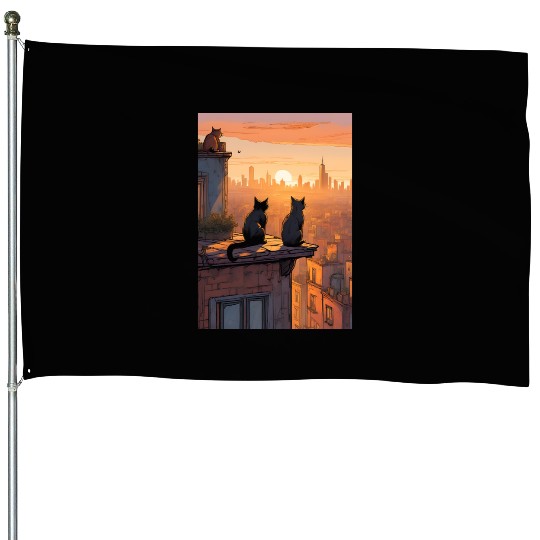 Cat painting red black cat House Flags