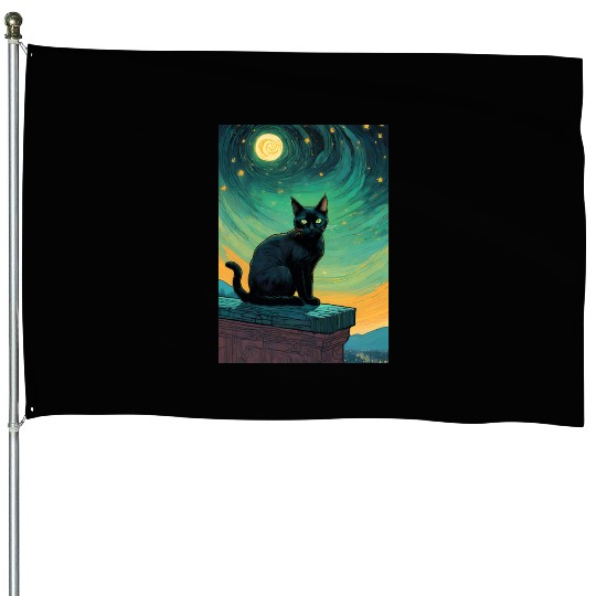 Cat painting red black cat House Flags