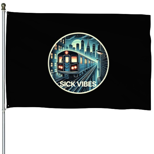 Retro Futuristic Subway Train - Neon Cyberpunk Cit House Flags