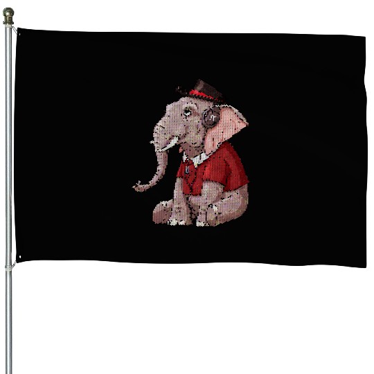 Elephant listening music wearing red House Flags & hat