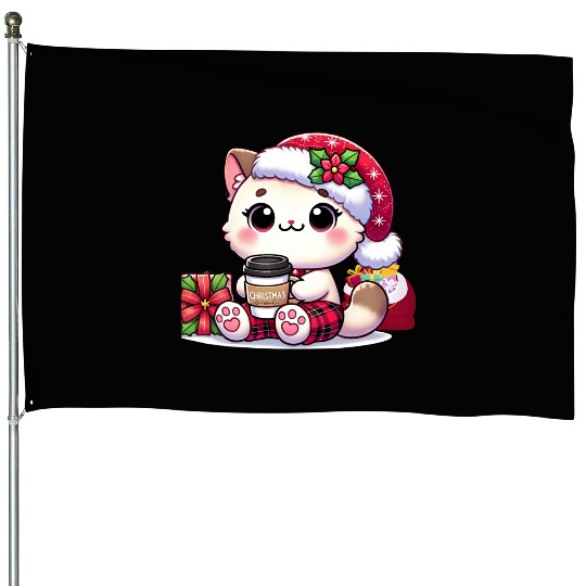 A Cute Kawaii Cat Drinking Coffee House Flags