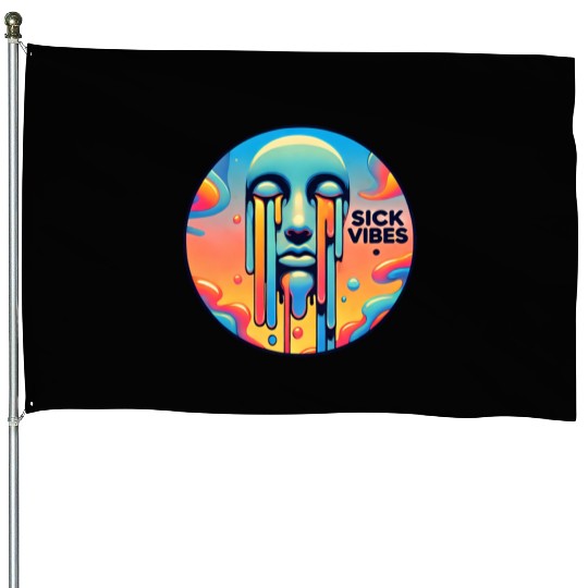 Psychedelic Melting Face with Vibrant Neon House Flags