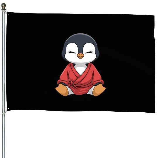 Zen Penguin Meditation in Kimono Attire House Flags