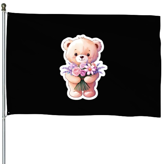 Teddy bear with bouquet of flowers House Flags