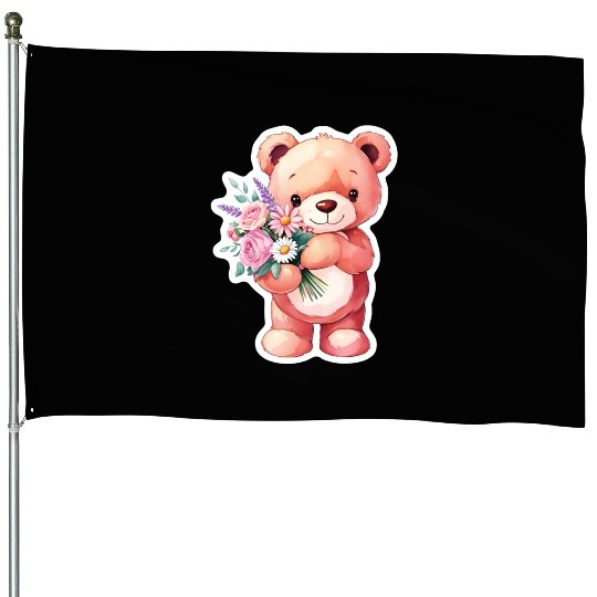 Teddy bear with bouquet of flowers House Flags