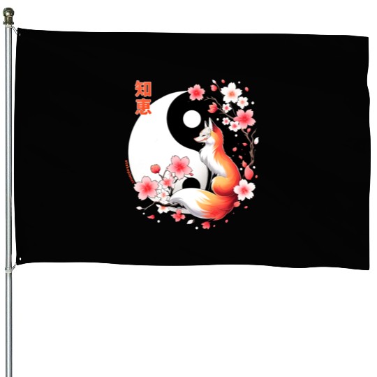 fox kitsune with cherry blossom in retro aesthetic House Flags