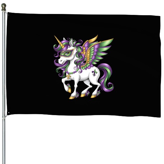 Happy Mardi Gras Unicorn Mask New Orleans Girls House Flags
