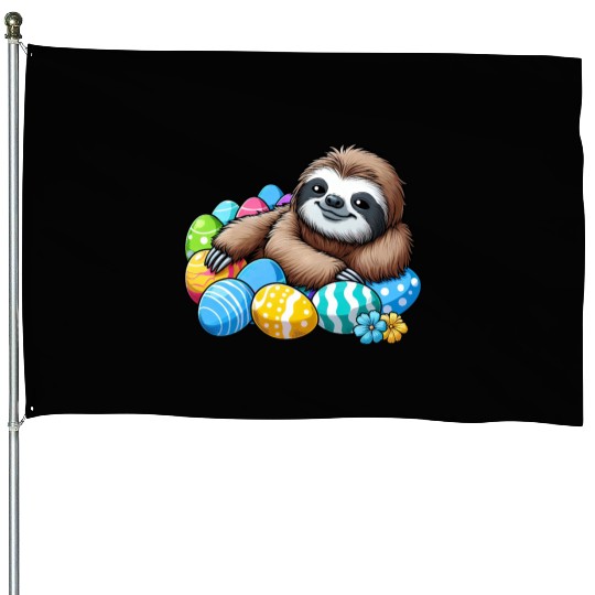 Cute Sloth Easter Egg Cartoon Chilling House Flags