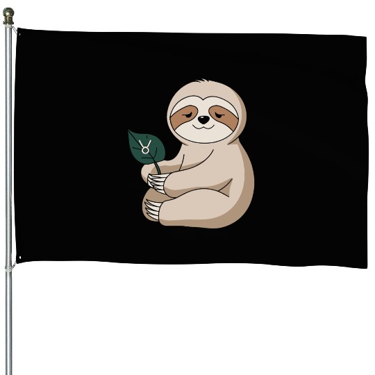 Taurus Zodiac Sloth Holding Leaf House Flags