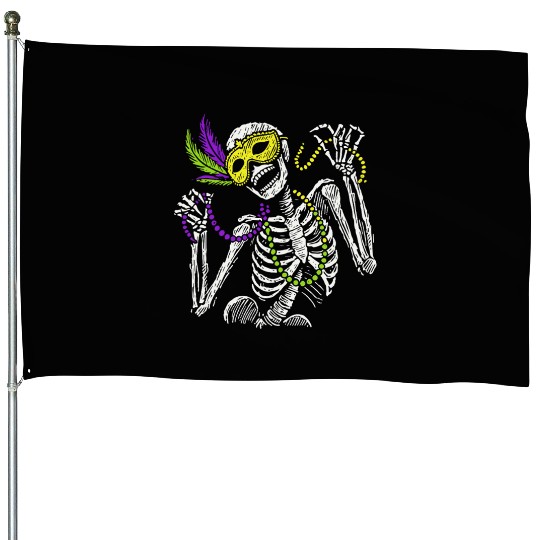 Mardi Gras Skeleton with Beads and Mask House Flags