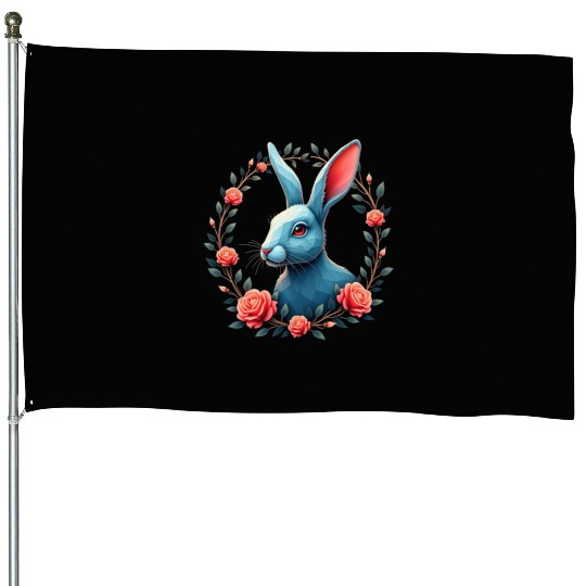 Rabbit Flowers Artwork - Rabbit Motif Animal House Flags