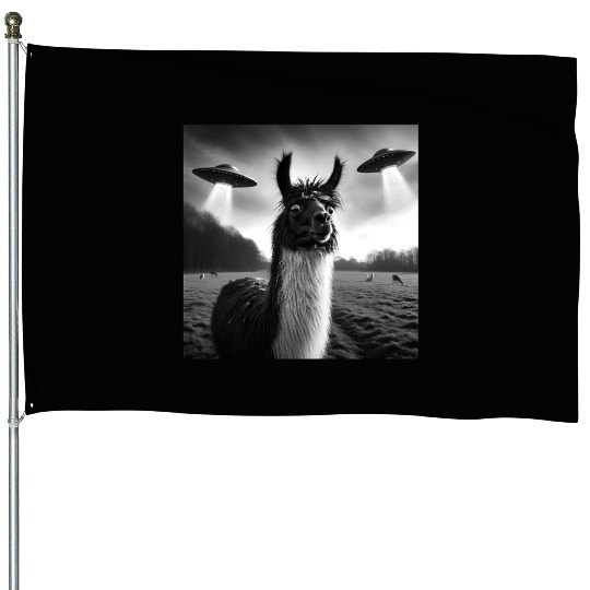 Llama alpaca Funny Graphic Selfie with UFOs Weird House Flags