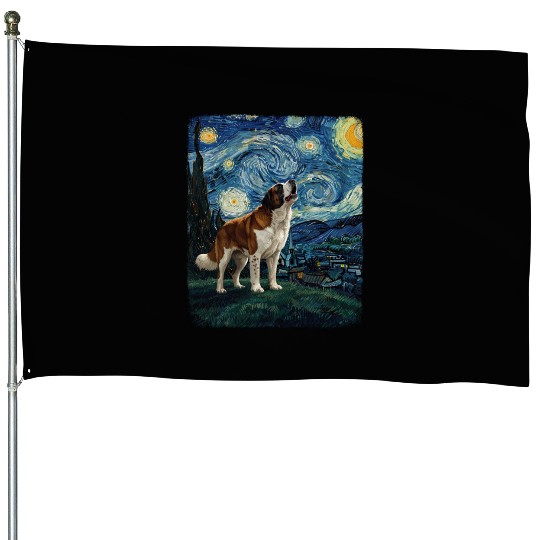 Saint Bernard Howling At Moon Starry Night Van Gog House Flags