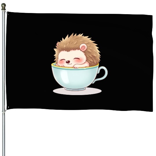 Cute hedgehog relaxing in a light blue cup House Flags