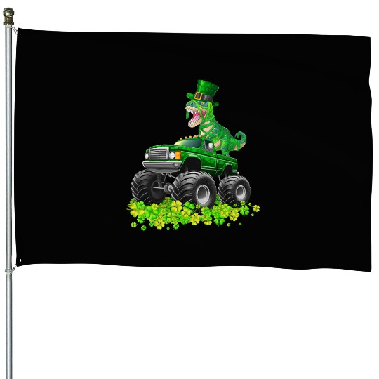 Monster Truck T-rex St Patricks Day Dinosaur Cute House Flags