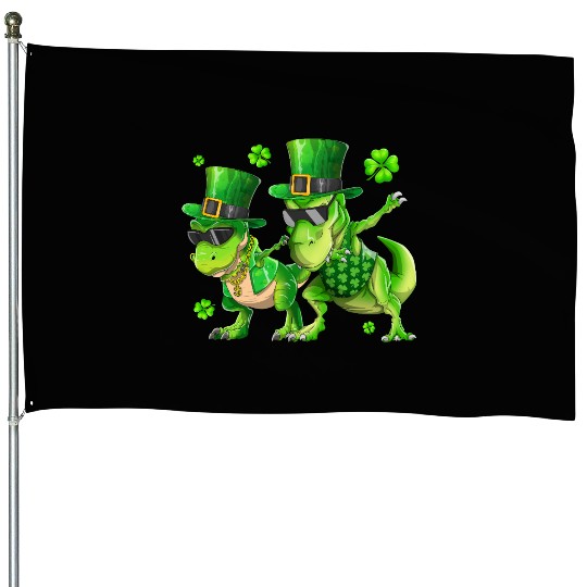 Happy St Patricks Day Dinosaur T-rex Dabbing House Flags
