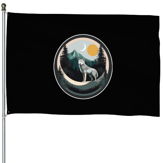 Lone Wolf Under Moonlit Sky House Flags