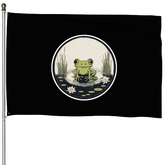 Serene Frog in a Tranquil Pond House Flags
