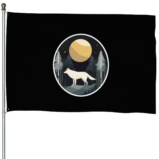 Lone Wolf Under Moonlit Sky House Flags