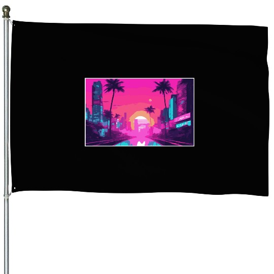 Neon Paradise Vaporwave Sunset Vibes House Flags